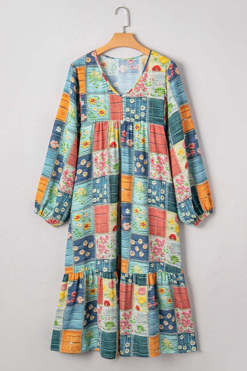 Multicolour Mix Floral Checkered Pattern Bubble Sleeve Ruffle Hem Dress