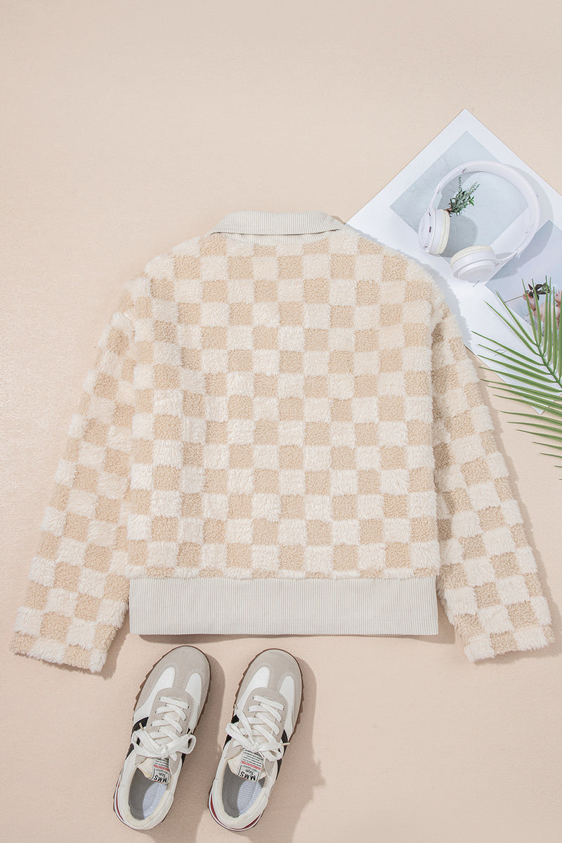 Checker Sherpa Corduroy Patchwork Zip up Collared Jacket