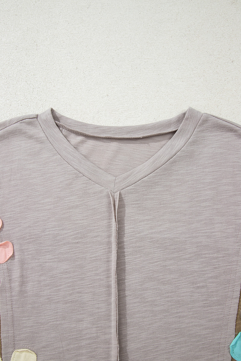 Flower Patched Exposed Seam Bracelet Sleeve Oversized T Shirt