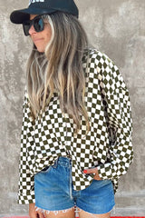 Checkerboard Printed Drop Shoulder Loose Casual Shirt