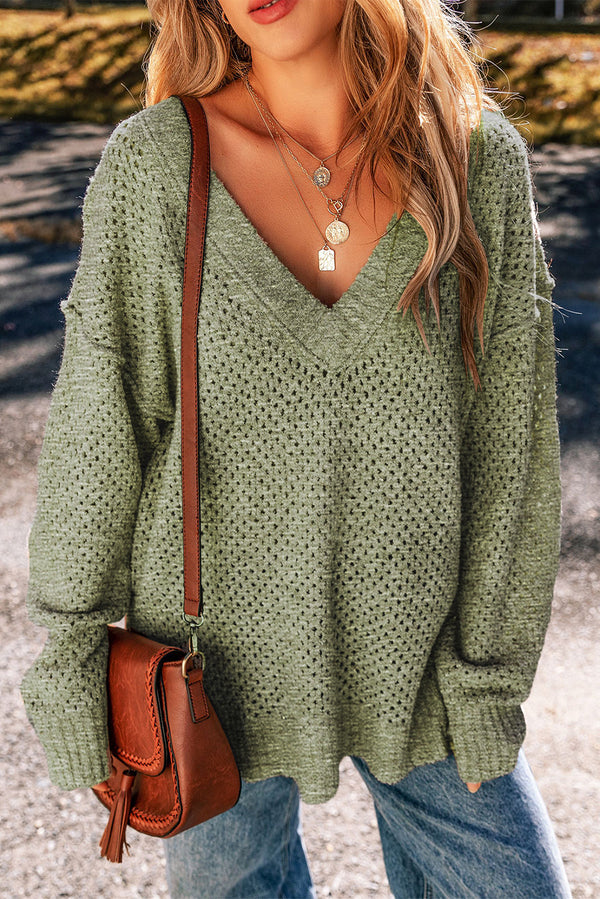 Solid Loose Eyelet V Neck Drop Shoulder Sweater