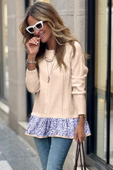 Cable Texture Bohemian Ruffle Hem Patchwork Sweater