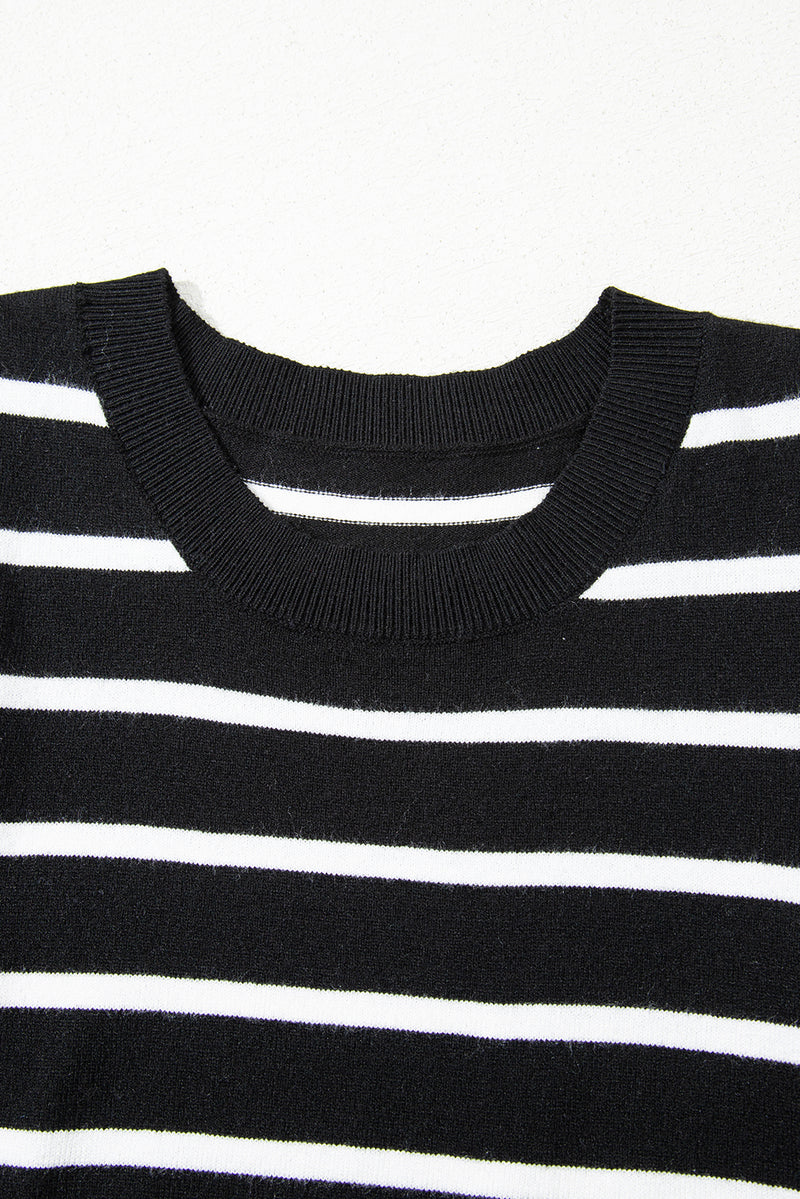 Stripe Ribbed Trim Round Neck Bubble Sleeve Knitted Top