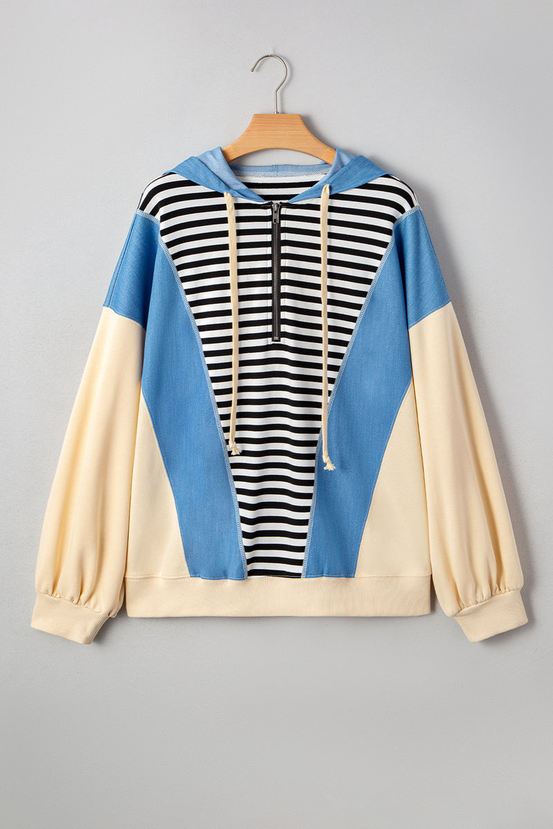 Stripe Denim Color Block Quarter Zip Baggy Drawstring Hoodie