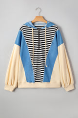 Stripe Denim Color Block Quarter Zip Baggy Drawstring Hoodie