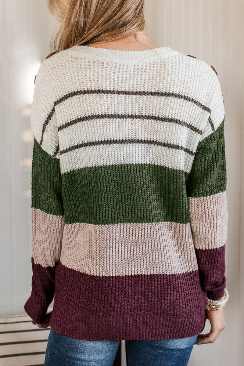 Colorblock Striped Buttoned Shoulder Split Sweater