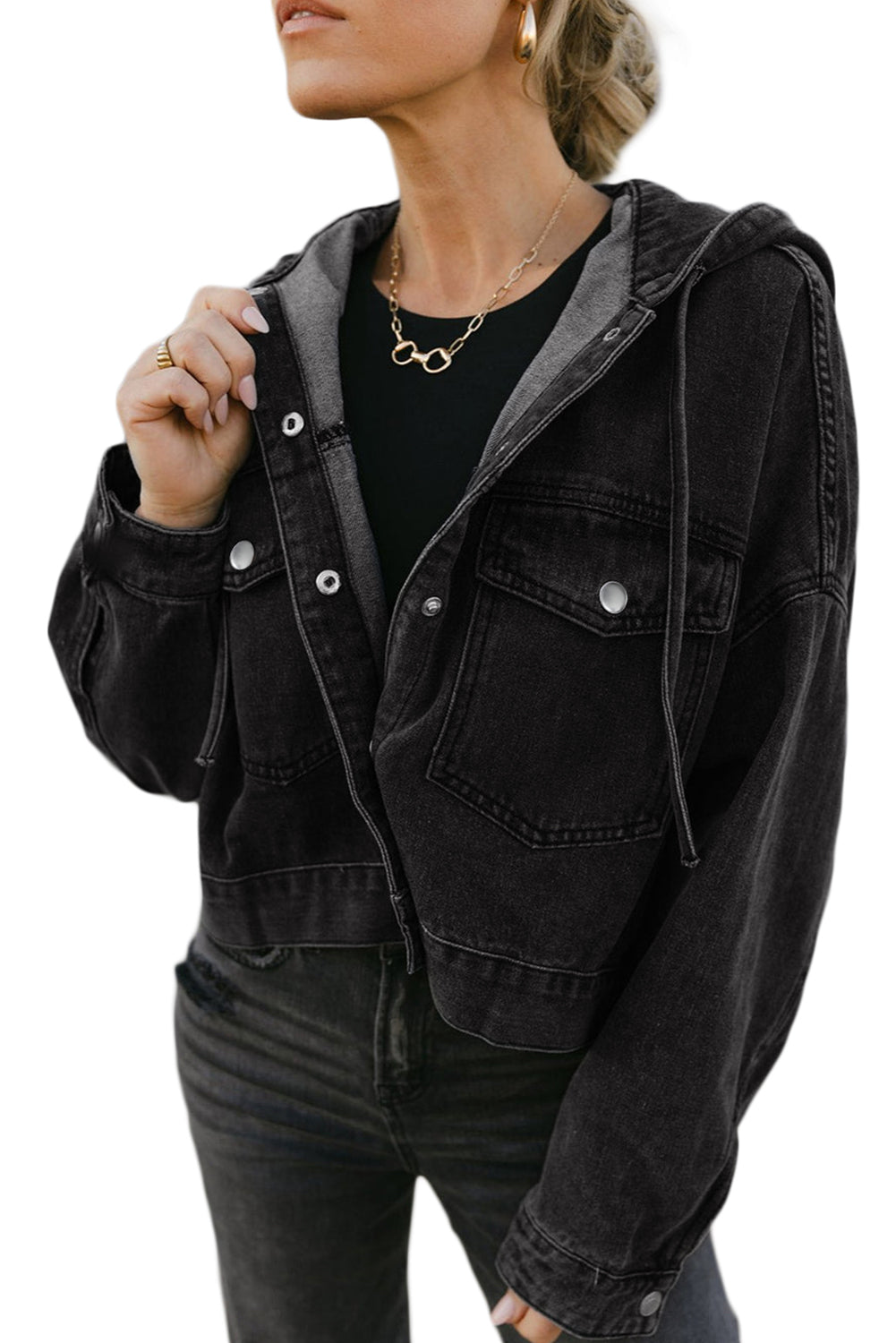 Big Chest Pocket Drop Shoulder Hooded Denim Jacket