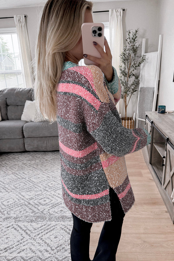 Multicolour Color Block Striped Side Slit Open Front Cardigan