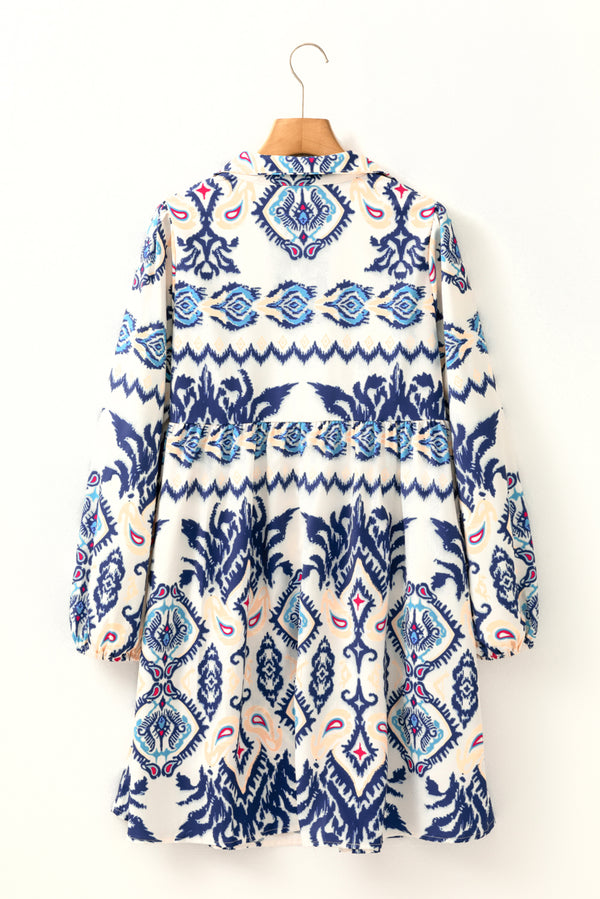 Ethnic Print Striped Split Neck Long Sleeve Flowy Mini Dress