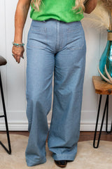 Blue Patched Pocket Textured Wide Leg Plus Size Jeans