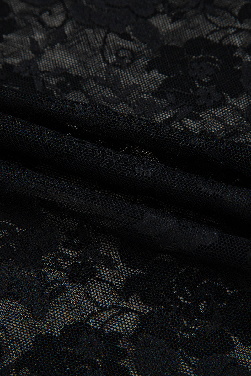 Sheer Floral Lace Mesh Mock Neck Long Sleeve Top