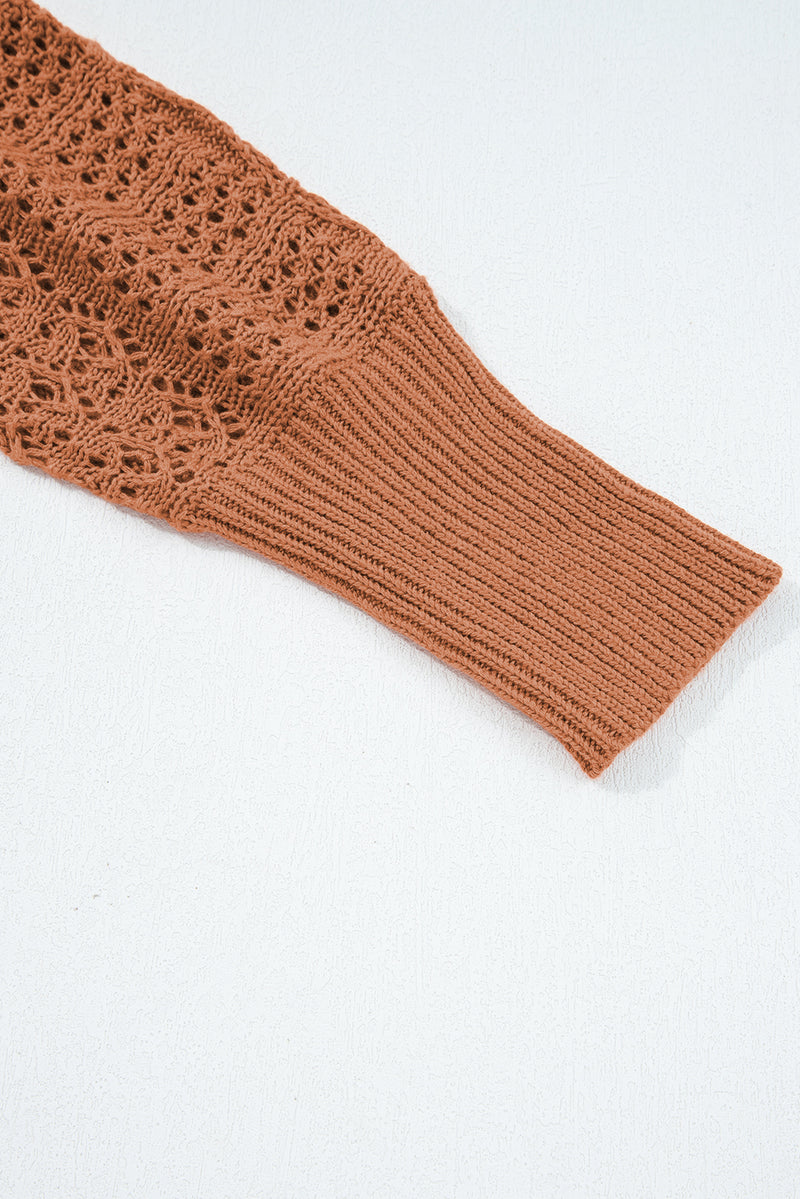 Brown Mix Pattern Hollowed Knit Open Front Cardigan