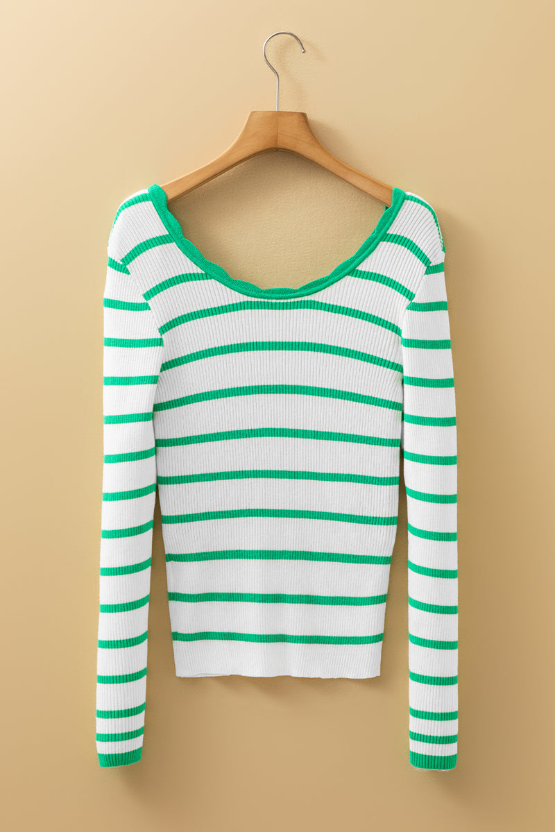 Green Scalloped Trim U Neck Striped Ribbed Slim Sweater