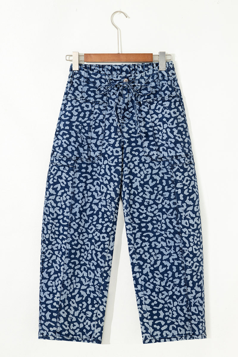 Leopard Printed Drawstring Waist Pocketed Wide Leg Jeans