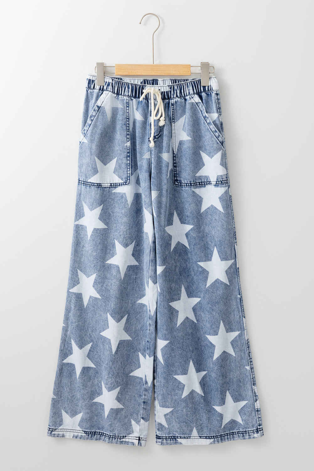 Star Print Light Wash Drawstring High Waist Wide Leg Jeans