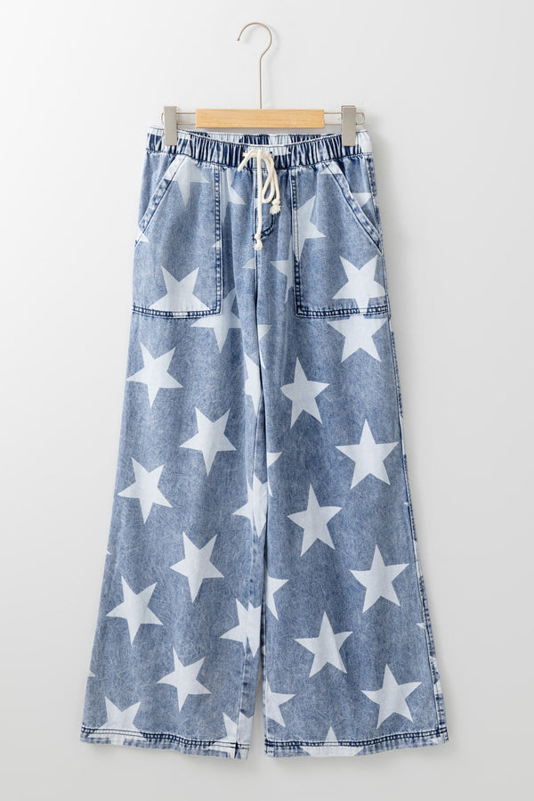 Star Print Light Wash Drawstring High Waist Wide Leg Jeans