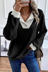 Color Contrast Ribbed Loose Fit Long Sleeve Top
