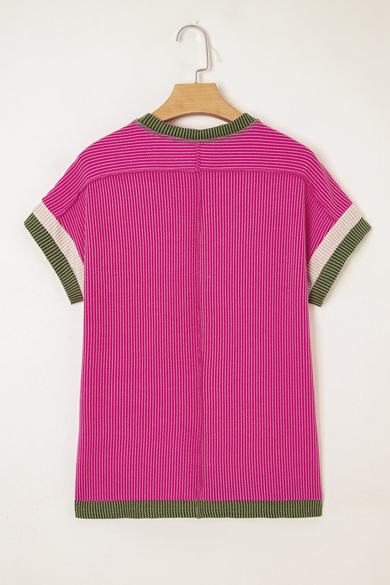 Solid Textured Contrast Trim Round Neck T Shirt