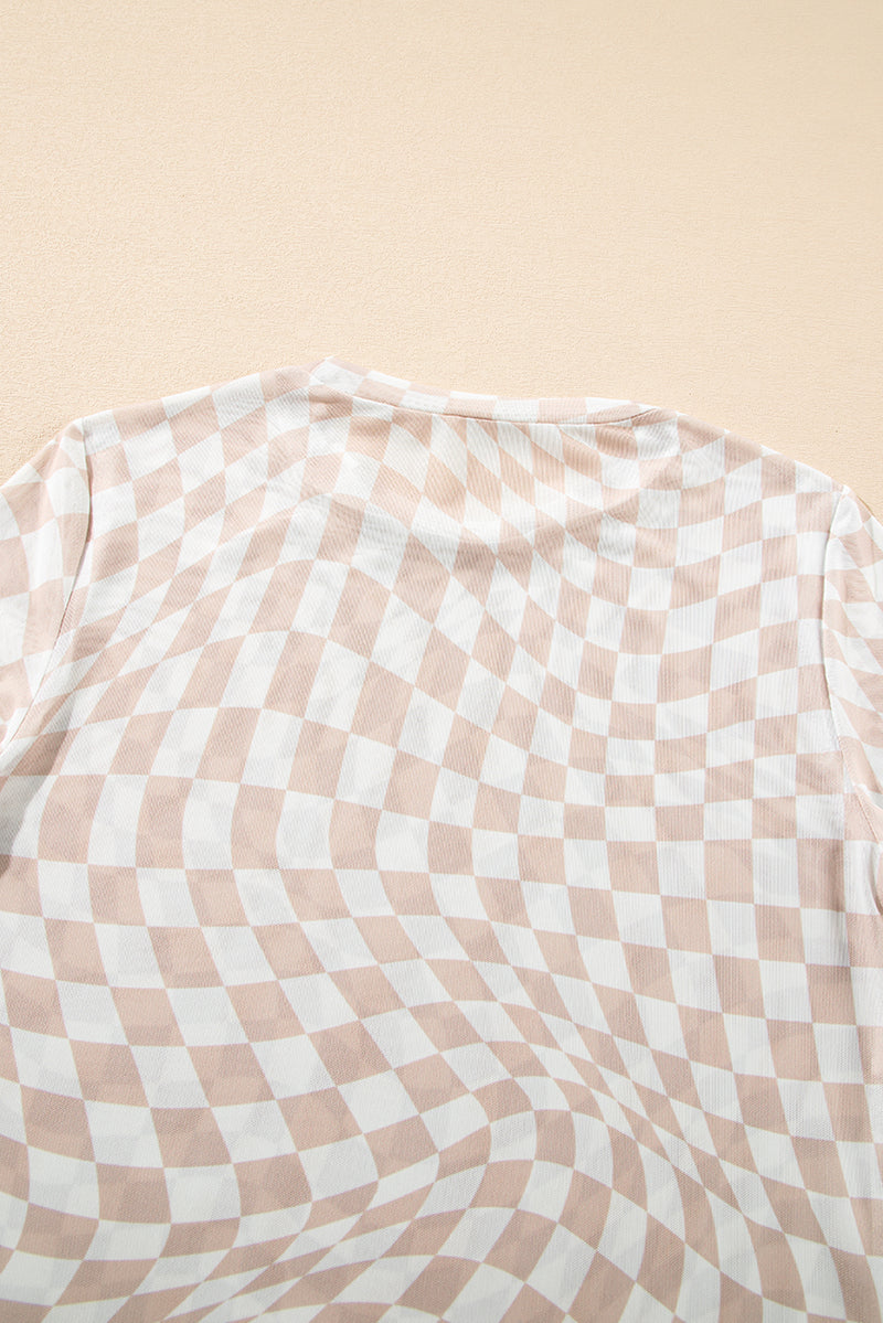 Checkered Pattern Mesh Mock Neck Long Sleeve Top