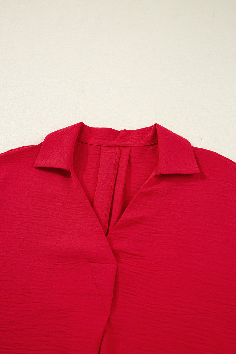 V Neck Collared Shirred 3/4 Sleeve Oversized Tunic Top