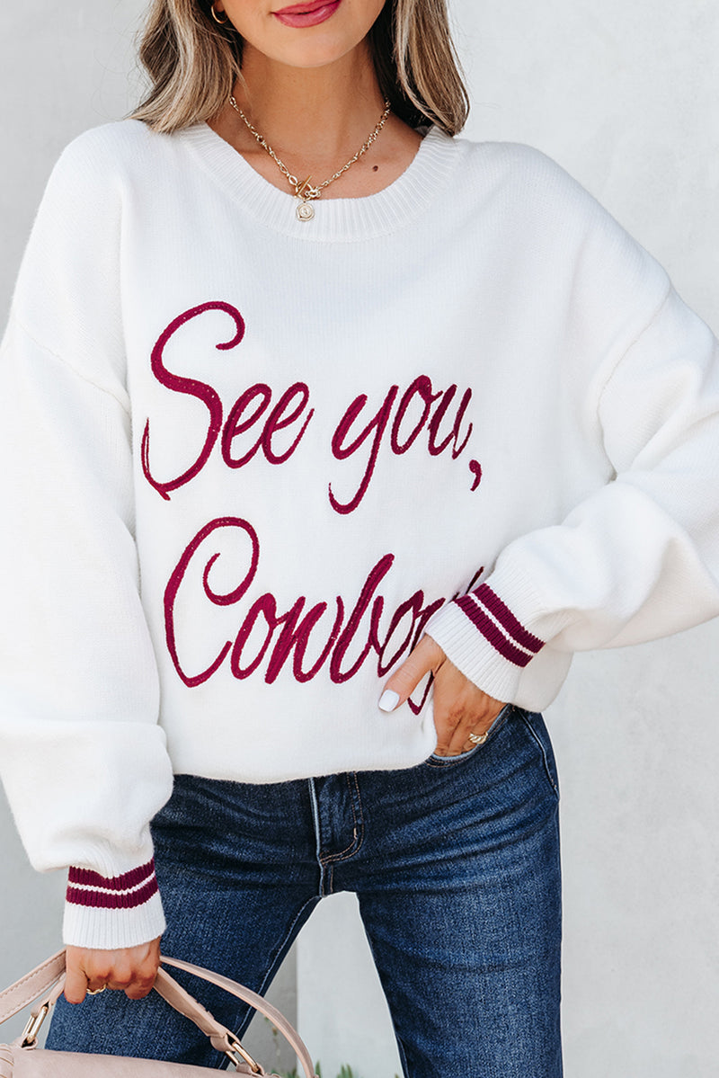 See You Cowboy Embroidered Western Graphic Sweater