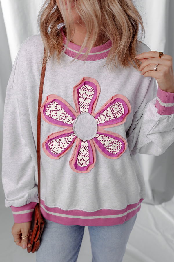 Flower Patch Contrast Trim Crew Neck Sweatshirt