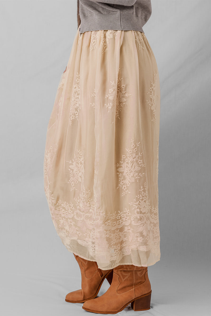 Embroidered Mesh Overlay Flowy Long Skirt