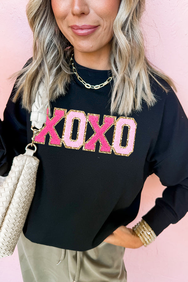 Chenille XOXO Patched Drop Shoulder Valentines Pullover Sweatshirt