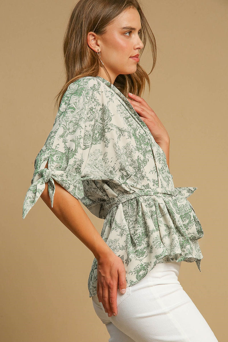 Landscape Print Tied 3/4 Sleeve Shirt with Sash