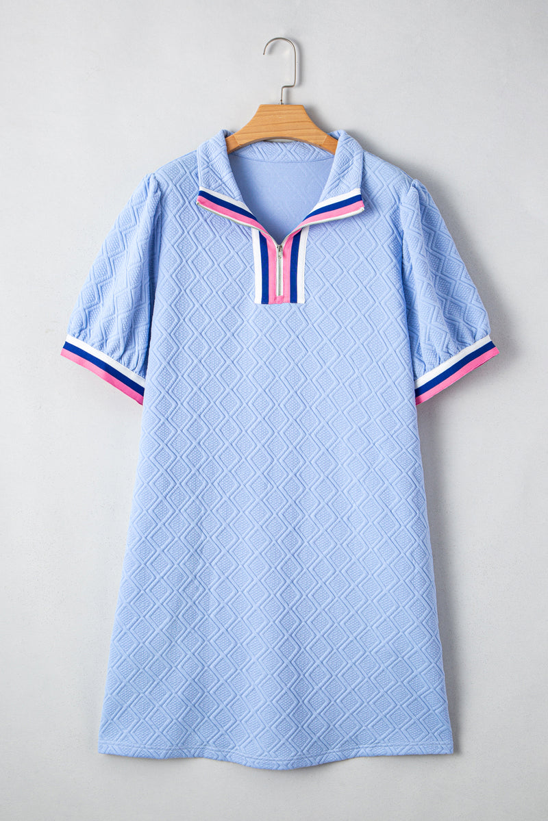 Blue Contrast Striped Trim Zipped Stand Collar Textured Puff Sleeve Plus Size T Shirt Dress