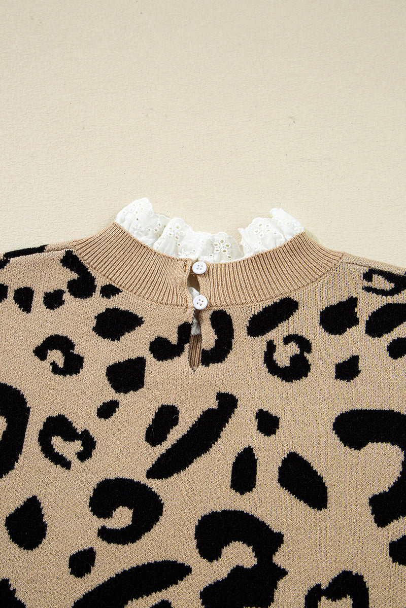 Leopard Pattern Lace Ribbed Detail Button Cuffed Sweater