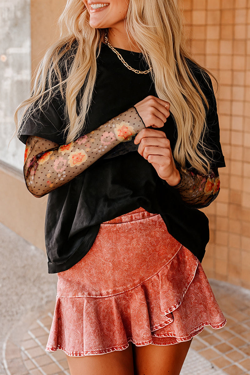 Solid Faux Two Piece Floral Long Sleeve Patchwork Tee