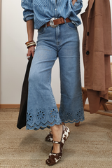 Embroidered Cropped Wide Leg High Waist Jeans