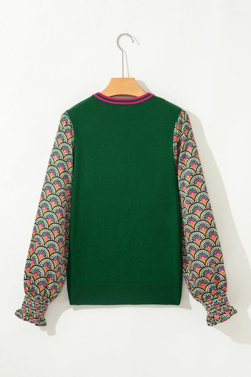 Moss Green Floral Patchwork Shirred Cuff Puff Sleeve Sweater