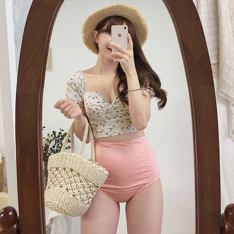 Floral Puff Sleeve Crop Top Bikini Set with High-Waist Bottoms