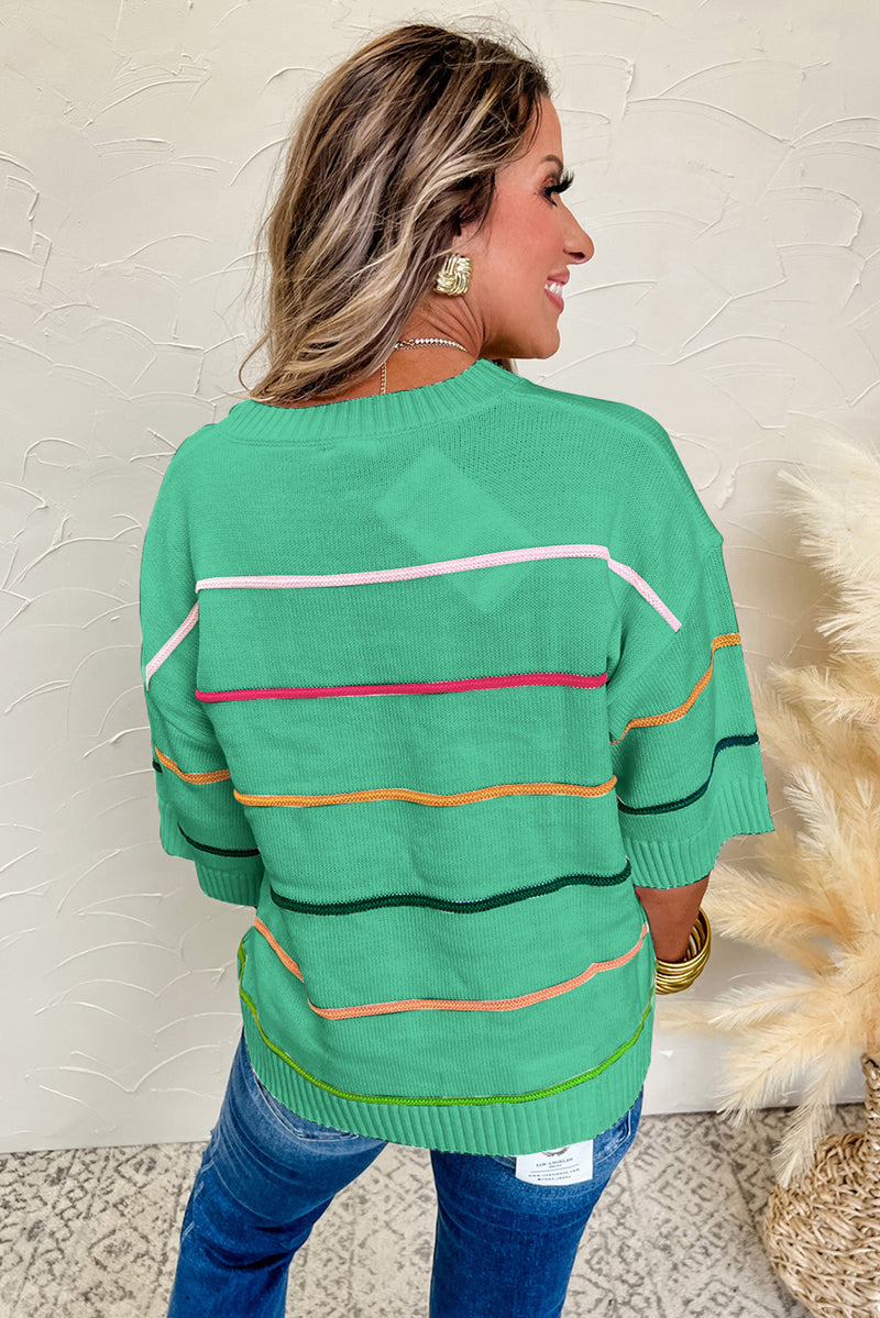 Color block Striped Half Sleeve Drop Shoulder Sweater