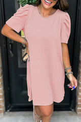 Blossom Corded Knit Crew Neck Puff Sleeve Shift Mini Dress