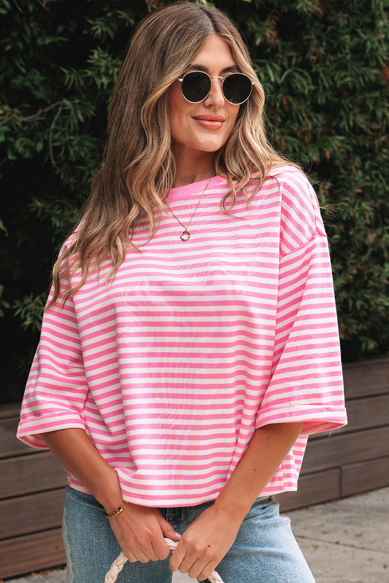 Stripe Bowknot Cutout Back Drop Shoulder Wide Bracelet Sleeve Loose Tee