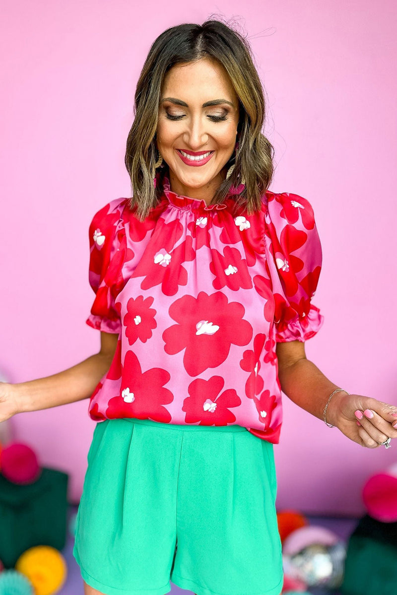 Style in Comfort Floral Puff Sleeve Frill Neckline Blouse