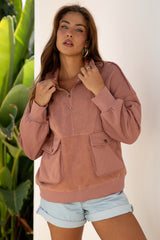 Exposed Seam Side Pockets Half Zipper Baggy Sweatshirt