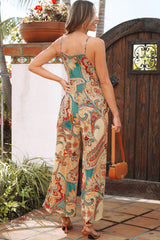 Paisley Printed Spaghetti Straps Elegant Wide Leg Jumpsuit