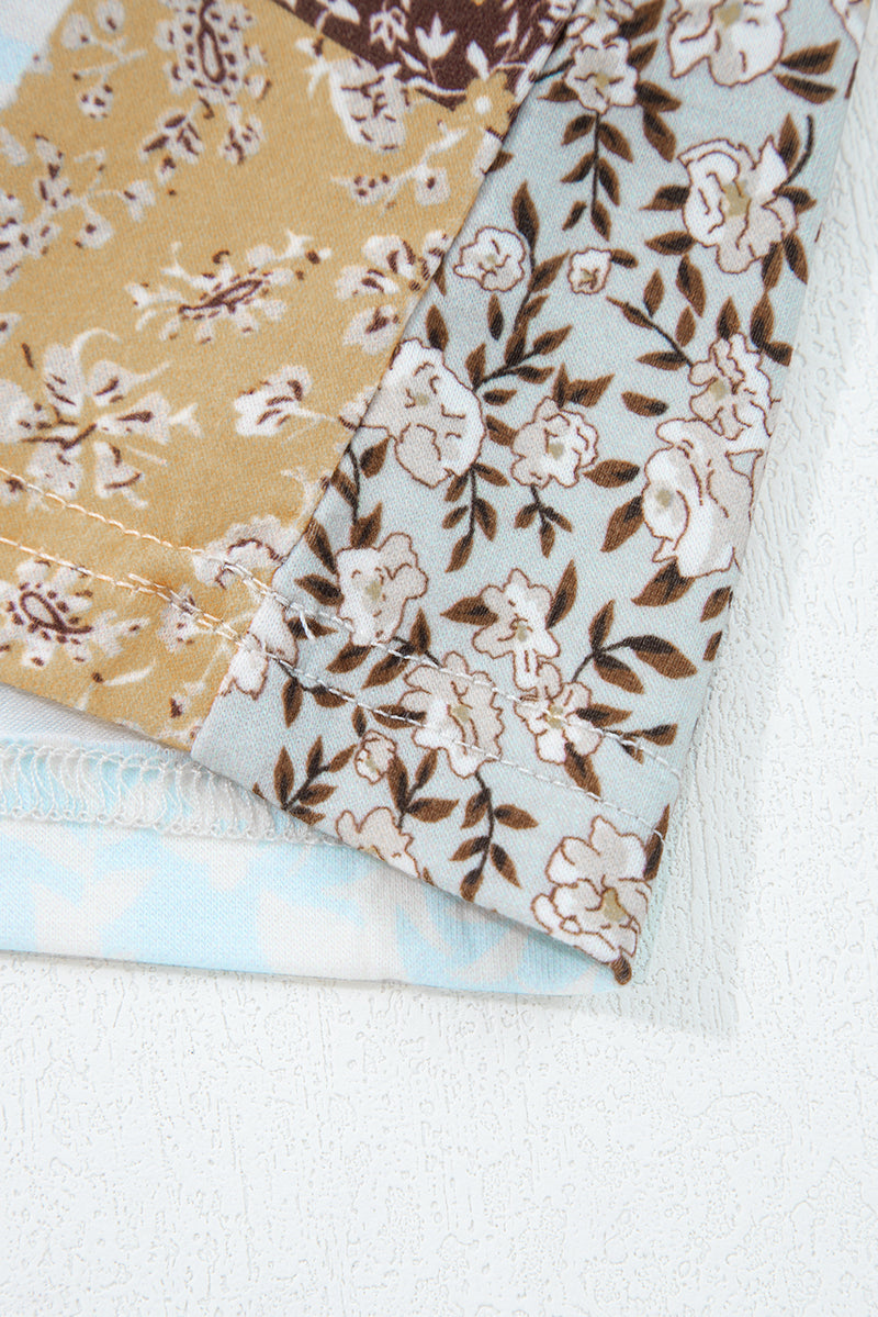 Multicolor Floral Printed Contrast Patchwork Long Sleeve Top