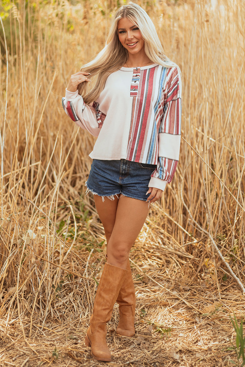 Striped Waffle Patchwork Exposed Seam Raw Edge Casual Knit Top