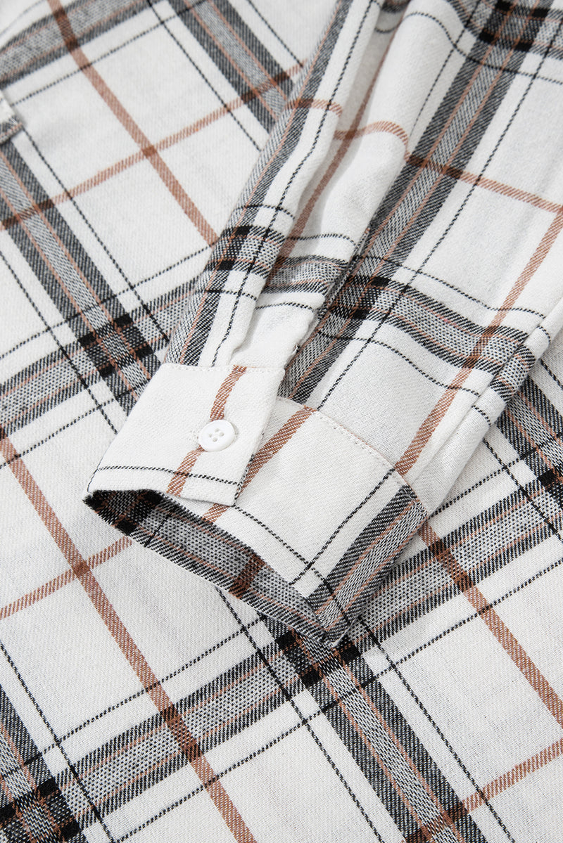 Plaid Print Collared V Neck Loose Blouse with Side Slits