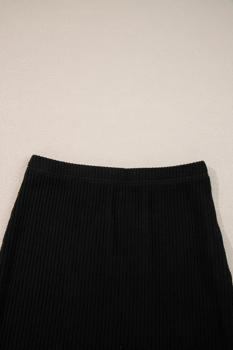 Ribbed Zip Stand Neck Drop Shoulder Pullover Bodycon Skirt 2pcs Set