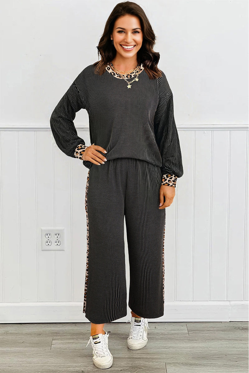 Twisted Rib Texture Leopard Patchwork Detail 2pcs Pant Set