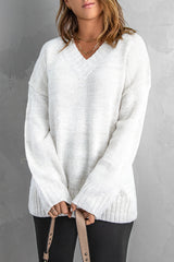 Solid V neck Drop Shoulder Knitted Sweater
