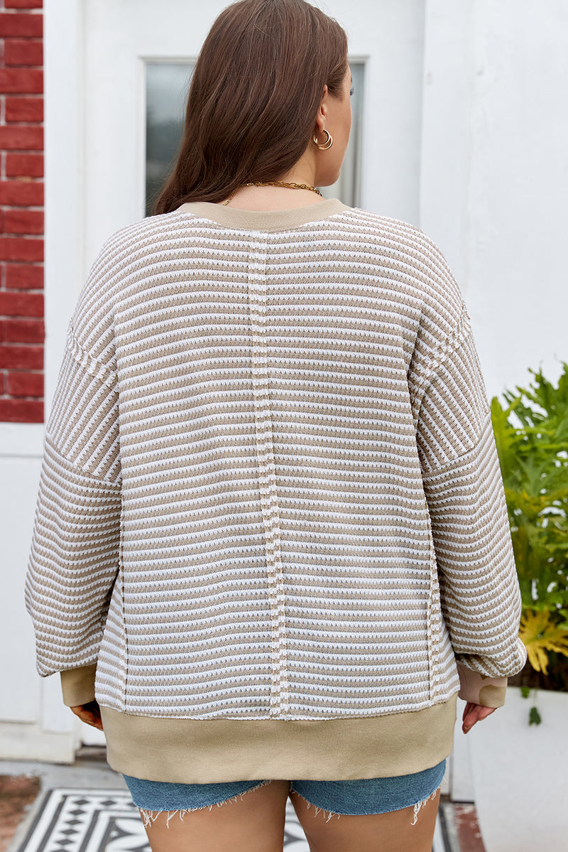 Stripe Plus Size Breathable Knit Ribbed Trim Long Sleeve Top