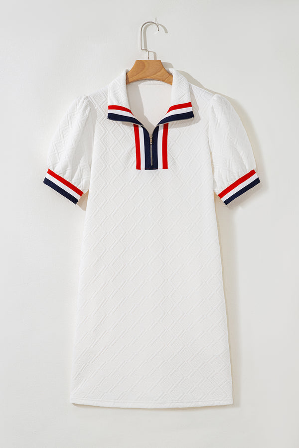Textured Jacquard Colorblock Edge Puff Sleeve Quarter Zip Mini Dress