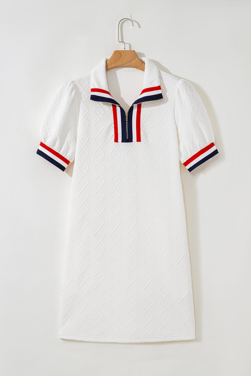 Textured Jacquard Colorblock Edge Puff Sleeve Quarter Zip Mini Dress